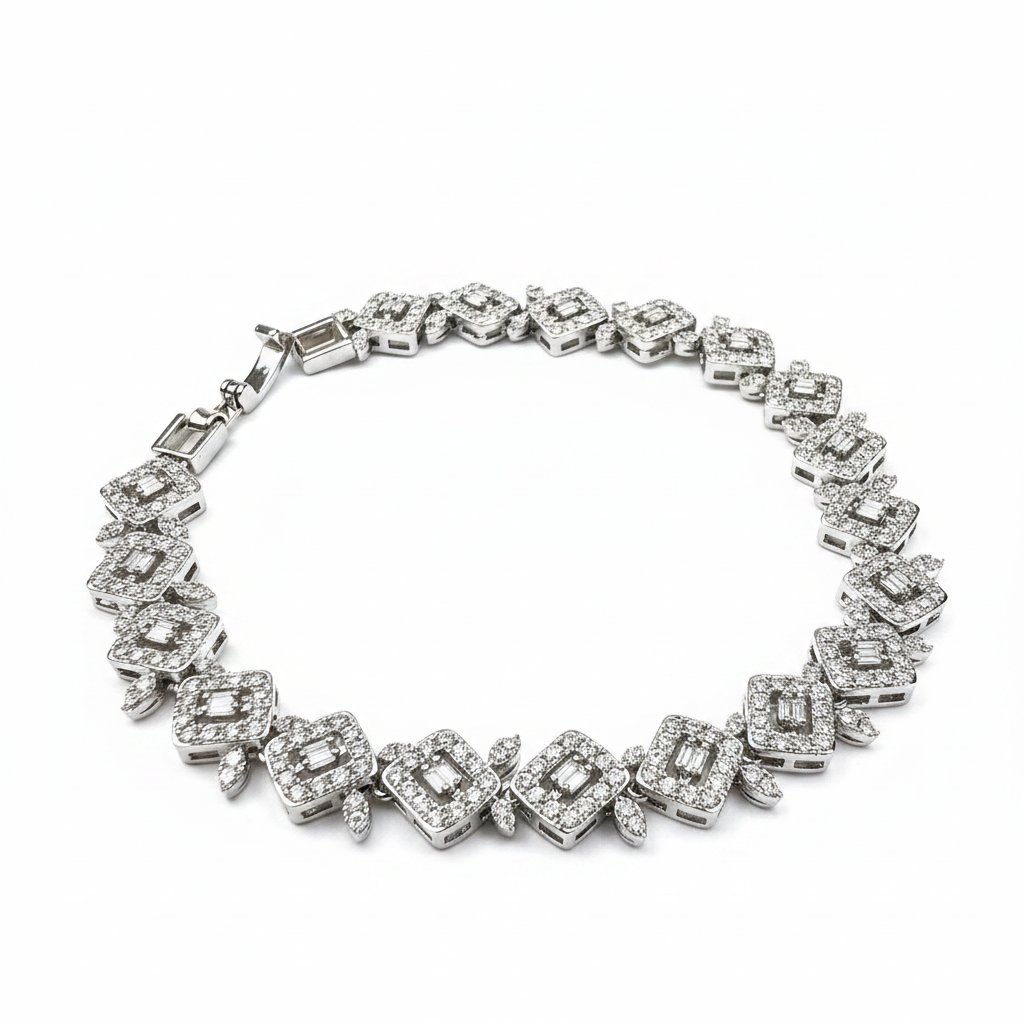 Geometric Diamond-Link Cubic Zirconia Bracelet on white background close up