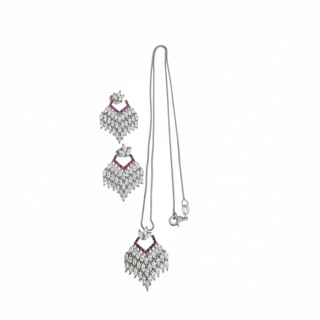 Cascade Bloom cubic zirconia necklace and earring set on white background