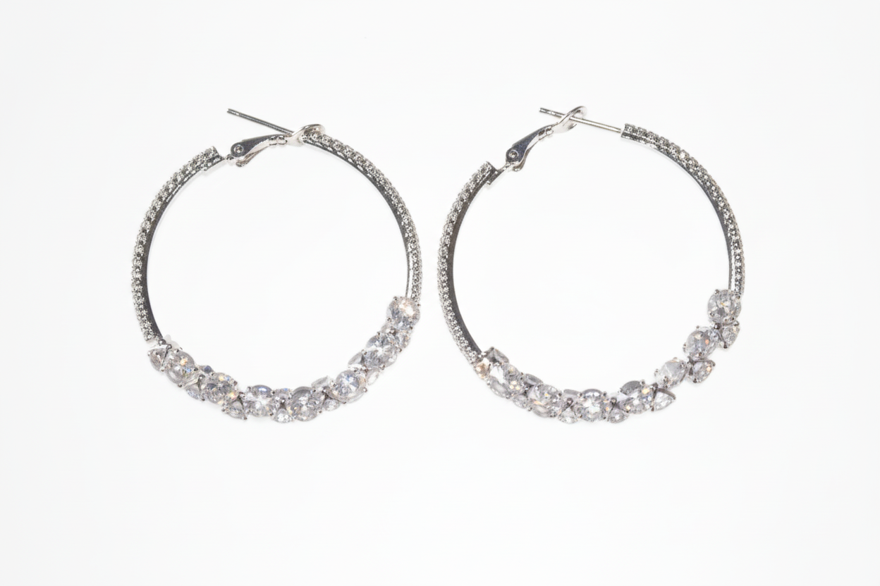 Cubic zirconia cluster hoop earrings close-up