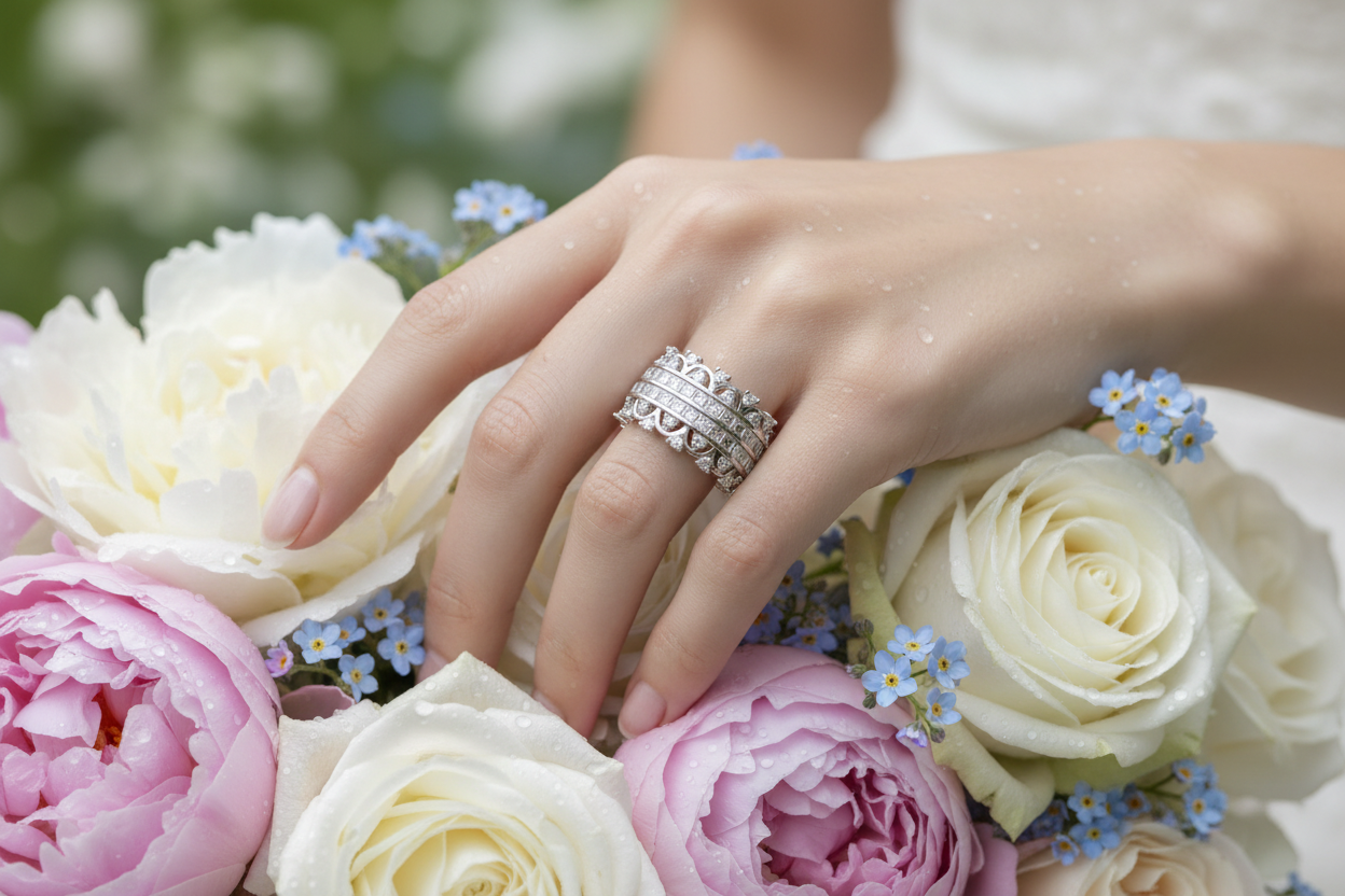 Model with flowers wearing diamond ring